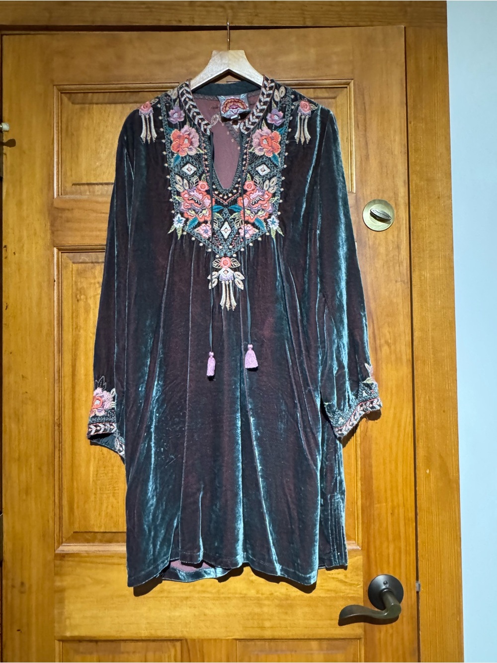 Johnny Was Teal Velvet Tunic Dress with Pink Embroidery